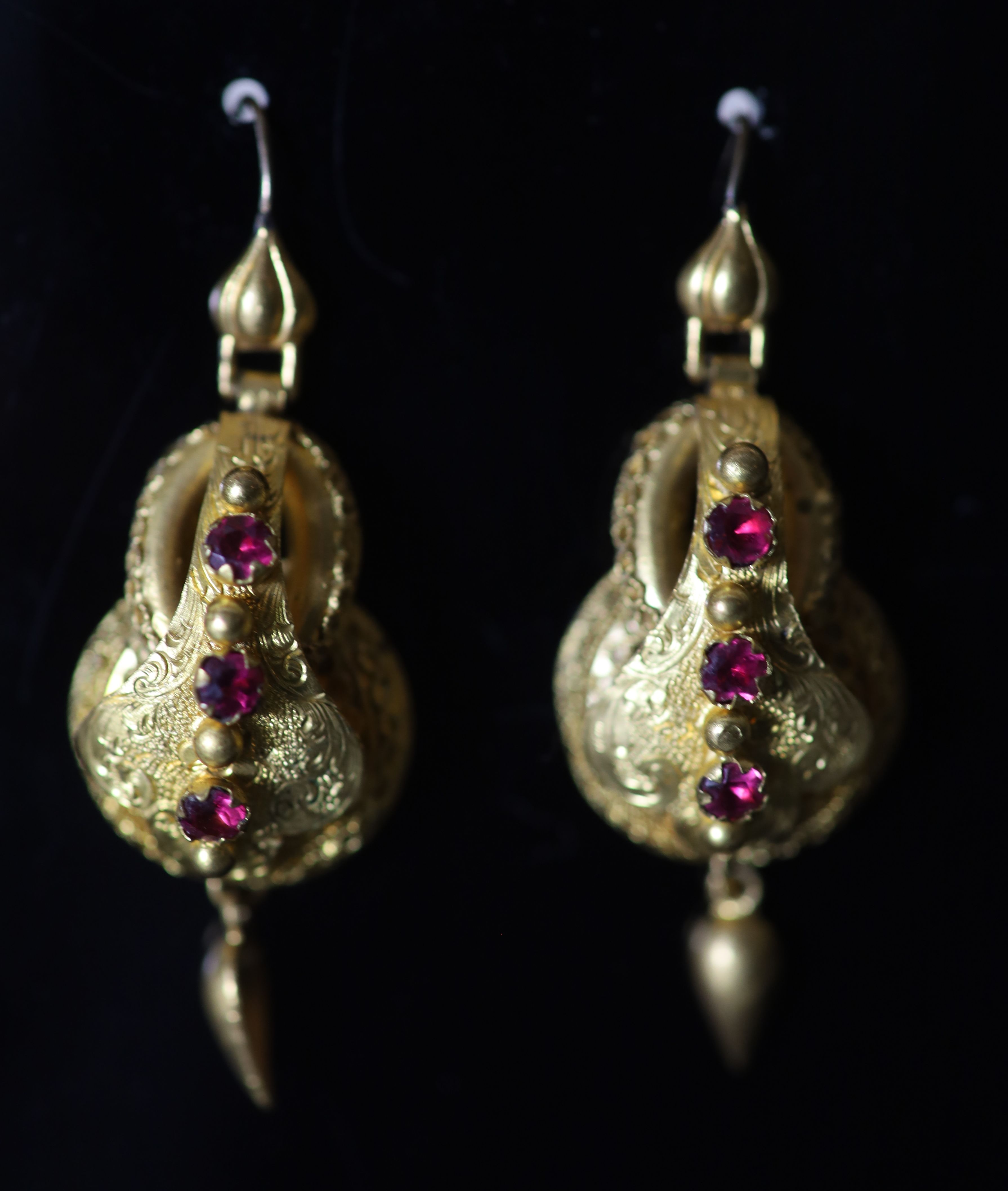 A pair of Victorian gold and pink stone set double gourd shaped drop earrings,